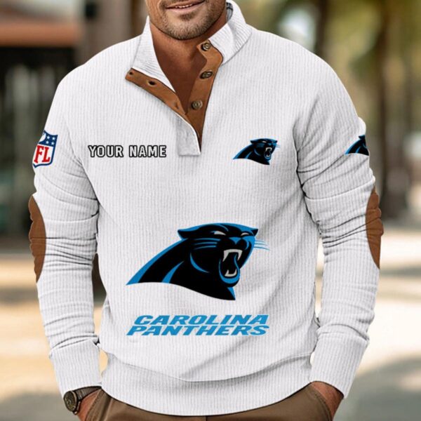 Carolina Panthers Button Up Shirts Stand Collar Long Sleeve Shirt Elbow Patches