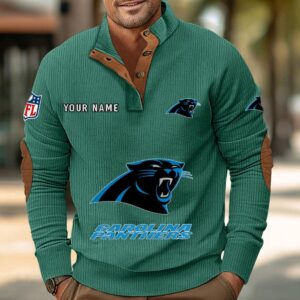 Carolina Panthers Button Up Shirts Stand Collar Long Sleeve Shirt Elbow Patches