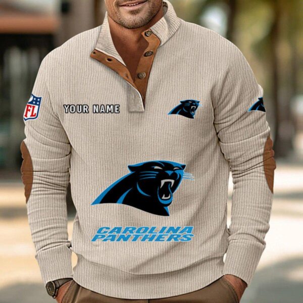 Carolina Panthers Button Up Shirts Stand Collar Long Sleeve Shirt Elbow Patches