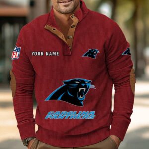 Carolina Panthers Button Up Shirts Stand Collar Long Sleeve Shirt Elbow Patches