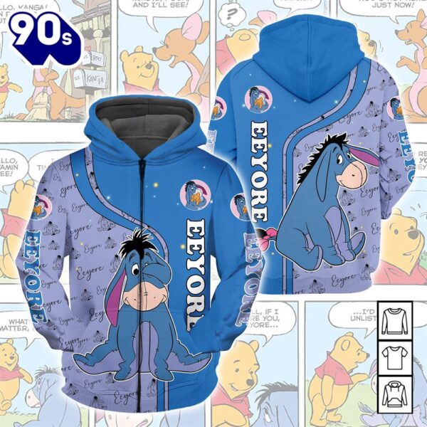 Cartoon Character Eeyore Love Zip Hoodie Sweater Tshirt All Over Printed 3D Unisex Men Women