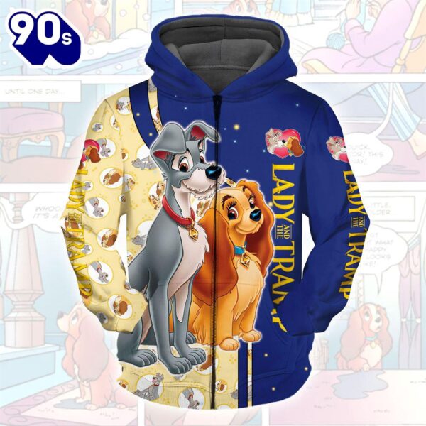 Cartoon Character Love Lady And The Tramp Pattern Hoodie All Over Printed 3D Unisex Men Women