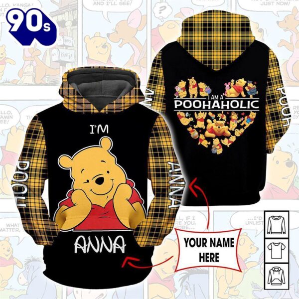 Cartoon Character Winnie The Pooh Aholic Gingham Hoodie All Over Printed 3D Personalized Custom Name Unisex Men Women