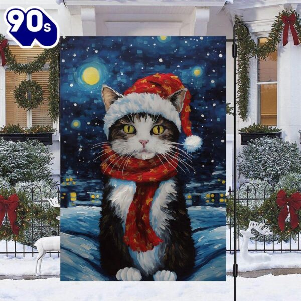 Cat Wearing Scarf On The Moon Christmas Garden Flag  Decorate For Christmas