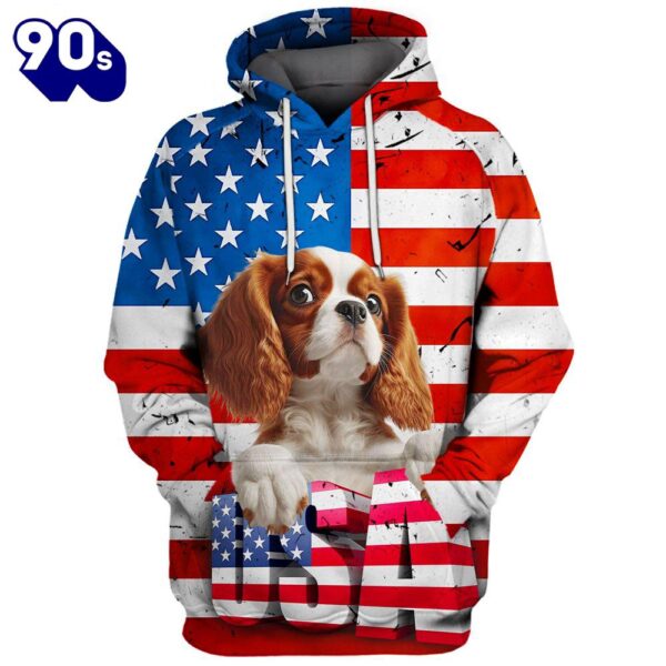 Cavalier King Charles Spaniel Dog 2 3D Face Graphic Premium America Flag Hoodie   Gift Christmas