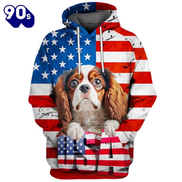 Cavalier King Charles Spaniel Dog 3 3D Face Graphic Premium America Flag Hoodie   Gift Christmas