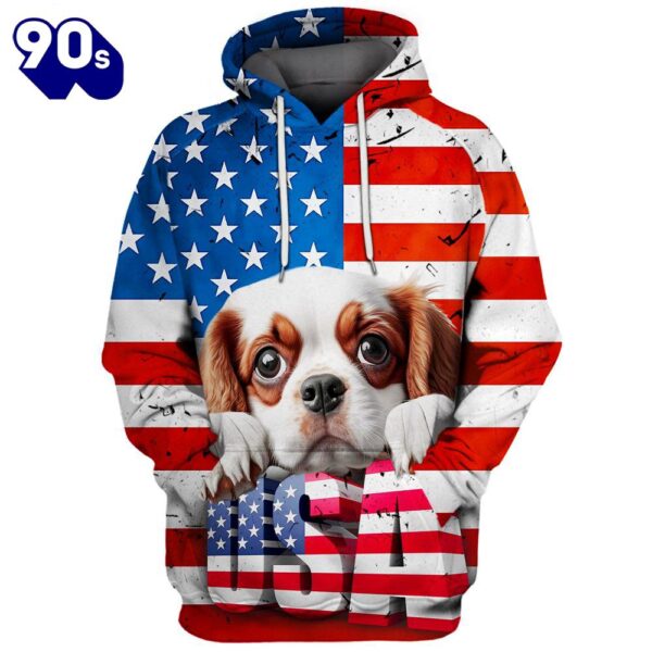 Cavalier King Charles Spaniel Dog 4 3D Face Graphic Premium America Flag Hoodie   Gift Christmas