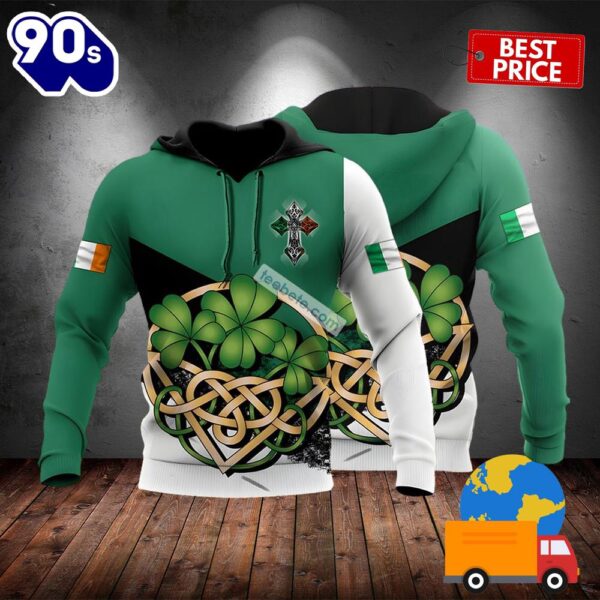 Celtic Cross Shamrock St Patrick Green 3D Design Hoodie 2025