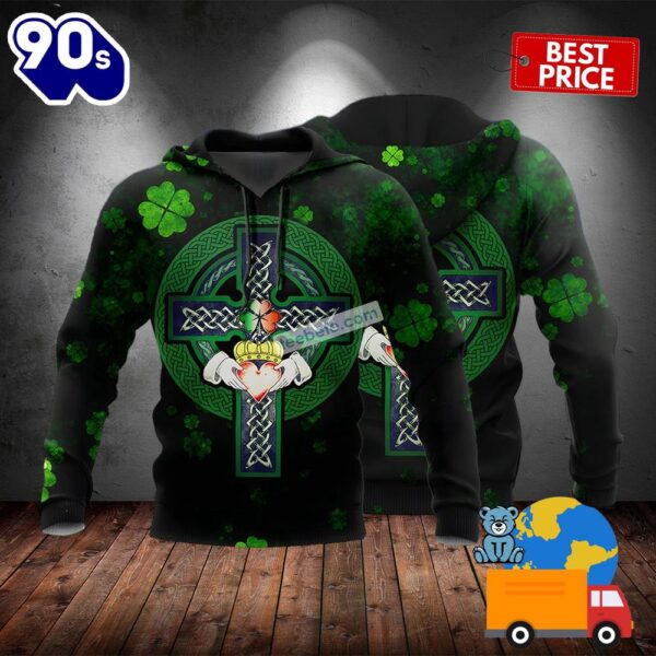 Celtic Cross Shamrock St Patricks Day Black 3D Horror Hoodie 2025