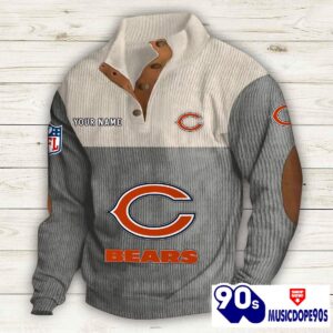 Chicago Bears Button Up Shirts Stand Collar Long Sleeve Shirt Elbow Patches