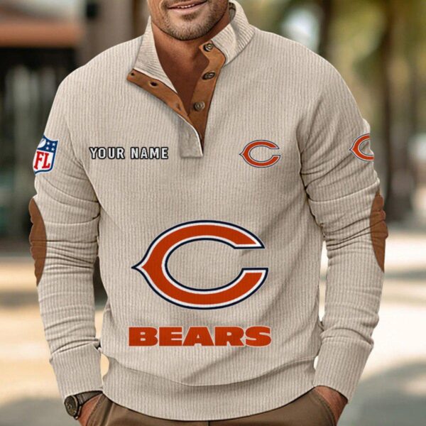 Chicago Bears Button Up Shirts Stand Collar Long Sleeve Shirt Elbow Patches