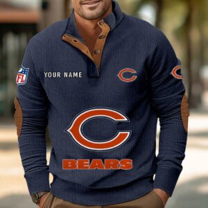 Chicago Bears Button Up Shirts Stand Collar Long Sleeve Shirt Elbow Patches