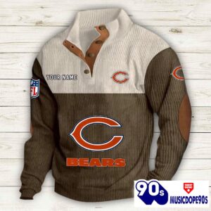 Chicago Bears Button Up Shirts Stand Collar Long Sleeve Shirt Elbow Patches