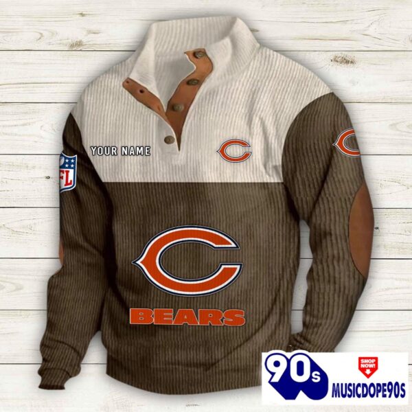 Chicago Bears Button Up Shirts Stand Collar Long Sleeve Shirt Elbow Patches