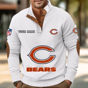 Chicago Bears Button Up Shirts Stand Collar Long Sleeve Shirt Elbow Patches