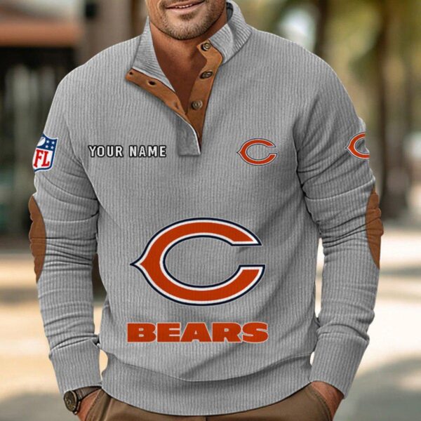 Chicago Bears Button Up Shirts Stand Collar Long Sleeve Shirt Elbow Patches