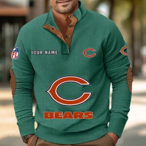 Chicago Bears Button Up Shirts Stand Collar Long Sleeve Shirt Elbow Patches