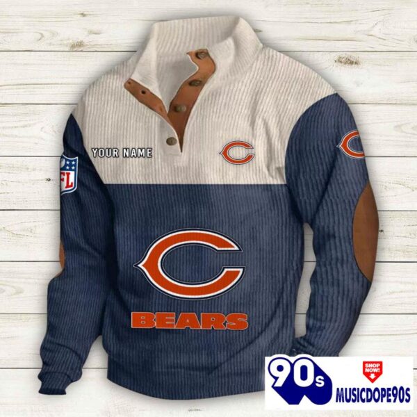 Chicago Bears Button Up Shirts Stand Collar Long Sleeve Shirt Elbow Patches