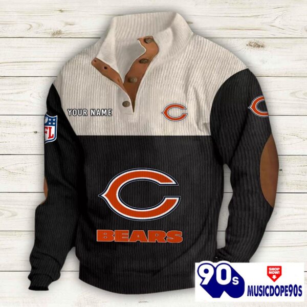 Chicago Bears Button Up Shirts Stand Collar Long Sleeve Shirt Elbow Patches