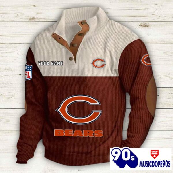 Chicago Bears Button Up Shirts Stand Collar Long Sleeve Shirt Elbow Patches