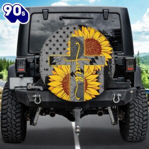 Christ Cross Faith Spare Tire Cover – Cross Sunflower Tire Cover – American Flag Tire Cover Patriot Gift Car Decor