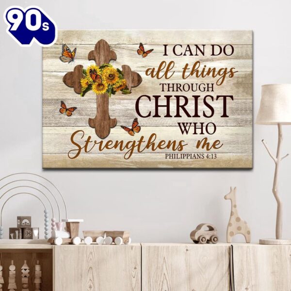 Christian Wall Art I Can Do All Things Through Christ Philippians 413 Sunflower Cross Canvas