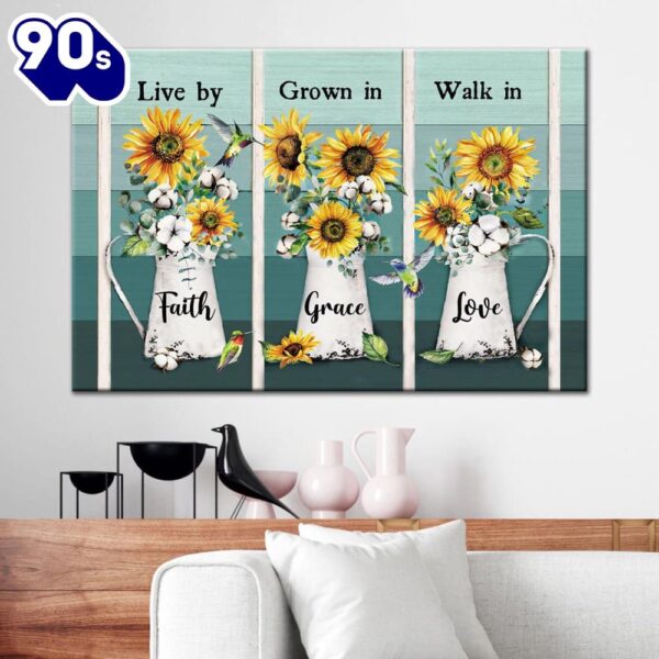 Christian Wall Art Live By Faith Grow In Grace Walk In Love, Hummingbird Sunflower Canvas Print