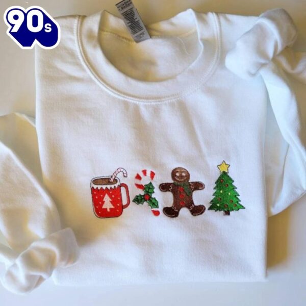 Christmas Crewneck Holiday Christmas Embroidered Gingerbread Santa Christmas Gift Shirt