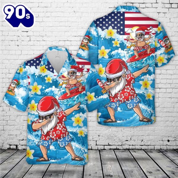 Christmas In July Dabbing Santa Surfing Beach Summer Funny Hawaiian Shirt