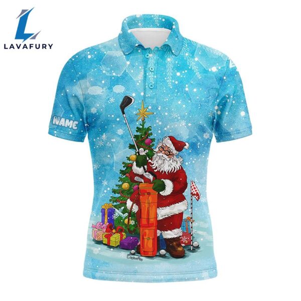 Christmas Mens Golf Polo Shirts Custom Name Blue Snow Winter Santa Golfer, Christmas Golf Gift   Gift Christmas