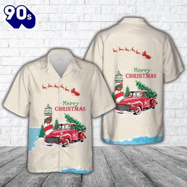 Christmas Vintage Red Truck with Lighthouse, and Pine tree Hawaiian Shirt