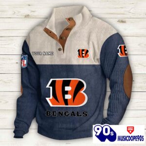 Cincinnati Bengals Button Up Shirts Stand Collar Long Sleeve Shirt Elbow Patches