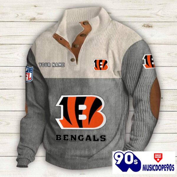 Cincinnati Bengals Button Up Shirts Stand Collar Long Sleeve Shirt Elbow Patches