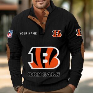 Cincinnati Bengals Button Up Shirts Stand Collar Long Sleeve Shirt Elbow Patches