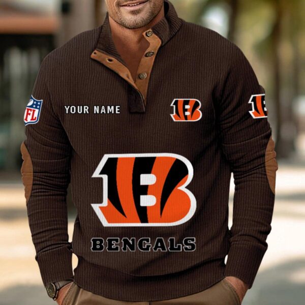 Cincinnati Bengals Button Up Shirts Stand Collar Long Sleeve Shirt Elbow Patches