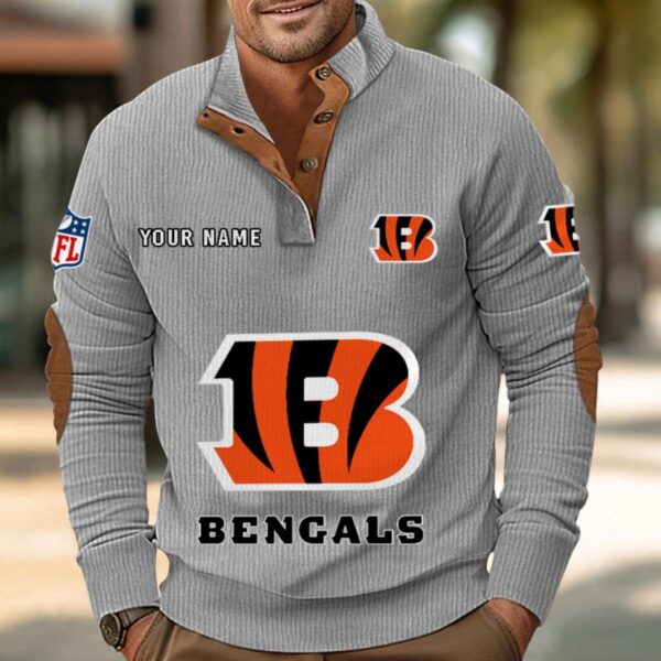 Cincinnati Bengals Button Up Shirts Stand Collar Long Sleeve Shirt Elbow Patches