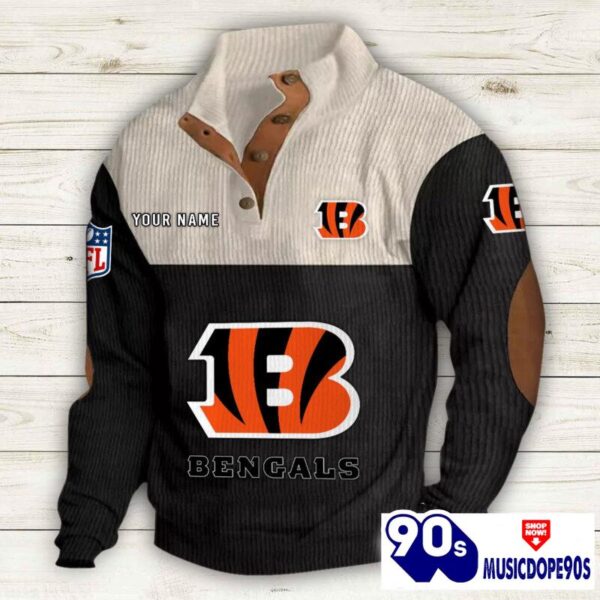 Cincinnati Bengals Button Up Shirts Stand Collar Long Sleeve Shirt Elbow Patches