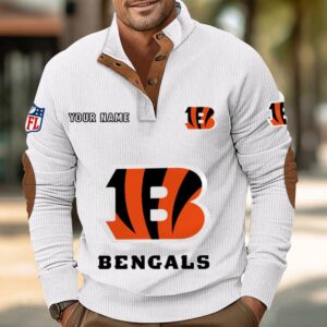 Cincinnati Bengals Button Up Shirts Stand Collar Long Sleeve Shirt Elbow Patches