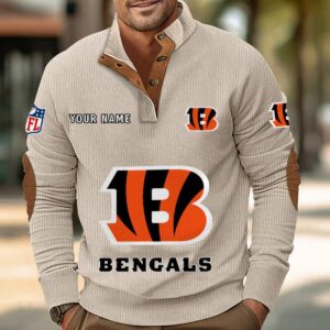 Cincinnati Bengals Button Up Shirts Stand Collar Long Sleeve Shirt Elbow Patches