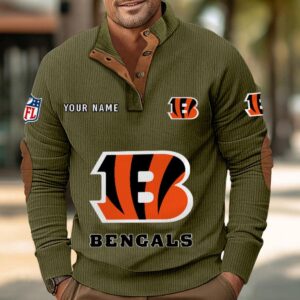 Cincinnati Bengals Button Up Shirts Stand Collar Long Sleeve Shirt Elbow Patches