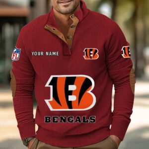 Cincinnati Bengals Button Up Shirts Stand Collar Long Sleeve Shirt Elbow Patches