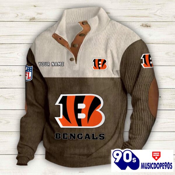 Cincinnati Bengals Button Up Shirts Stand Collar Long Sleeve Shirt Elbow Patches