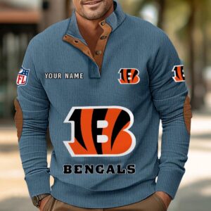 Cincinnati Bengals Button Up Shirts Stand Collar Long Sleeve Shirt Elbow Patches