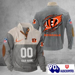 Cincinnati Bengals Vintage Button Up Shirts Stand Collar Long Sleeve Shirt Elbow Patches