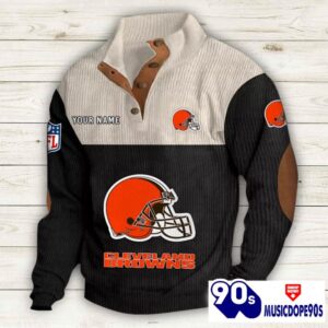 Cleveland Browns Button Up Shirts Stand Collar Long Sleeve Shirt Elbow Patches