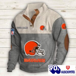 Cleveland Browns Button Up Shirts Stand Collar Long Sleeve Shirt Elbow Patches