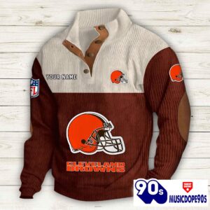 Cleveland Browns Button Up Shirts Stand Collar Long Sleeve Shirt Elbow Patches