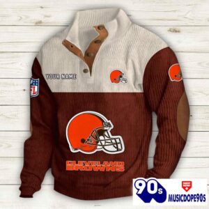 Cleveland Browns Button Up Shirts Stand Collar Long Sleeve Shirt Elbow Patches