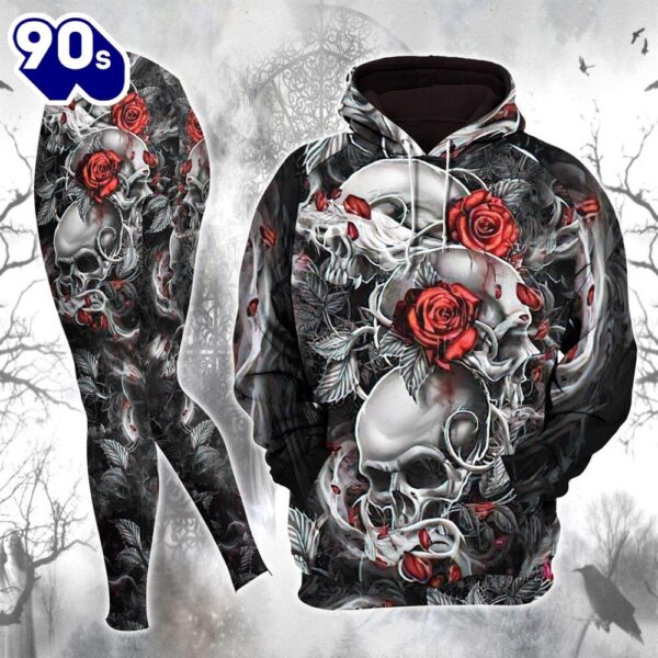 Cool Gothic Skull Rose Ornament Artwork Combo Hoodie And Leggings