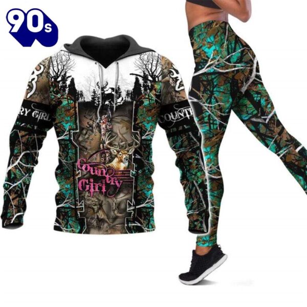 Country Girl All Over Print Leggings Hoodie Set Outfit For Women Green